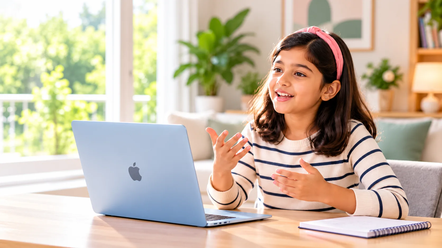 A child speaking confidently while using a laptop at home